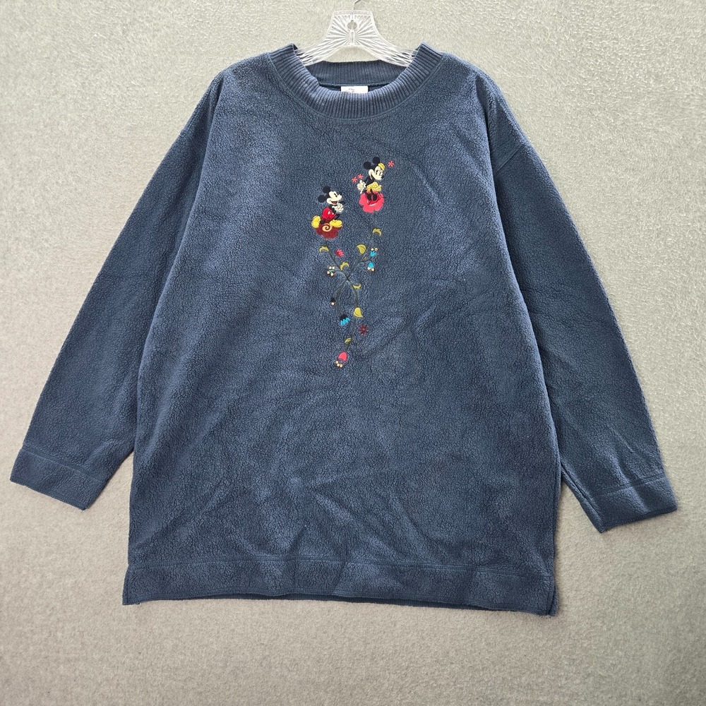 Disney Women Sweater L‎ Blue Sherpa Tunic Oversized Logo Mickey Minnie Mouse